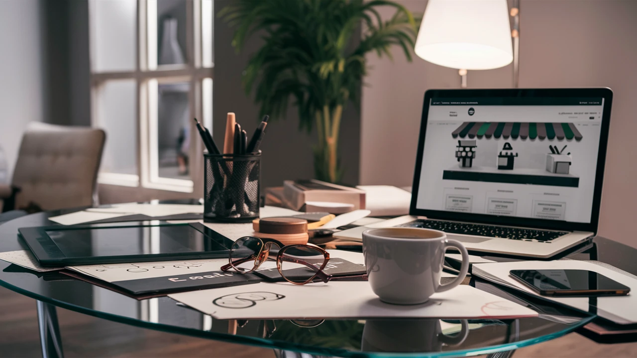 Escritorio de diseño con laptop mostrando la creación de una tienda virtual